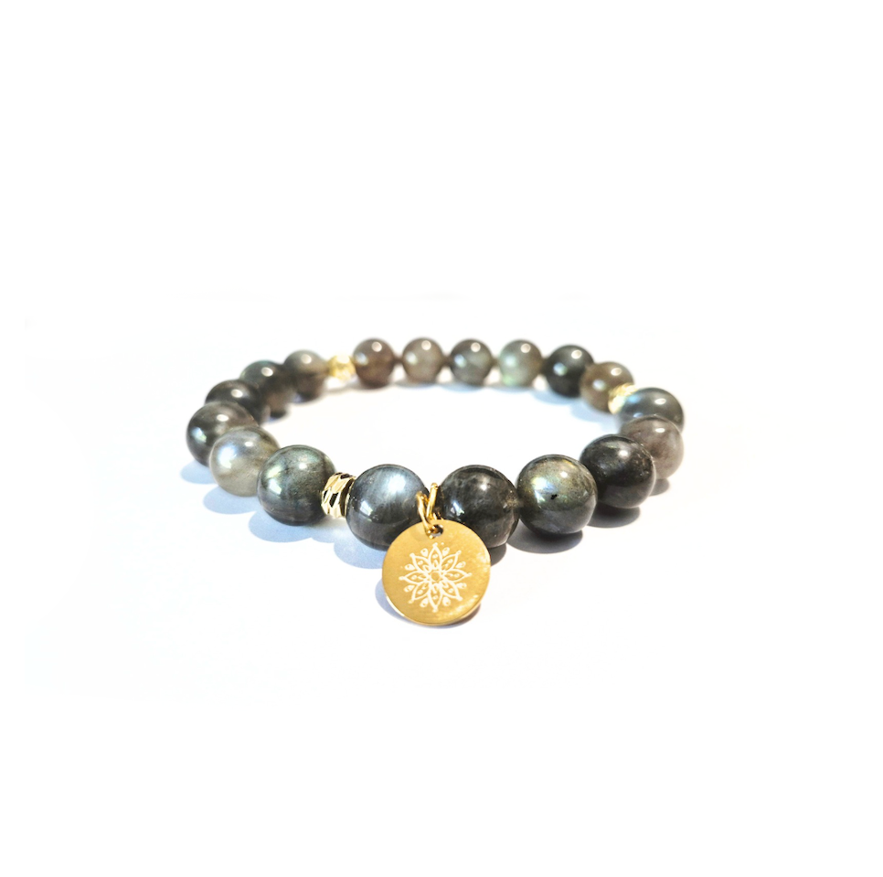 Labradorite Bracelet with Decorative 18K Gold Charms, Semiprecious Stone Jewelry