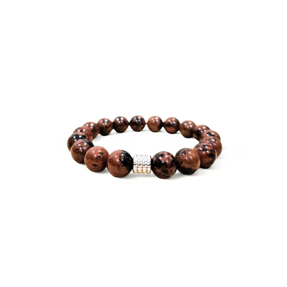 Mahogany Obsidian Bracelet with Decorative Silver Charm, Semiprecious Stone Jewelry
