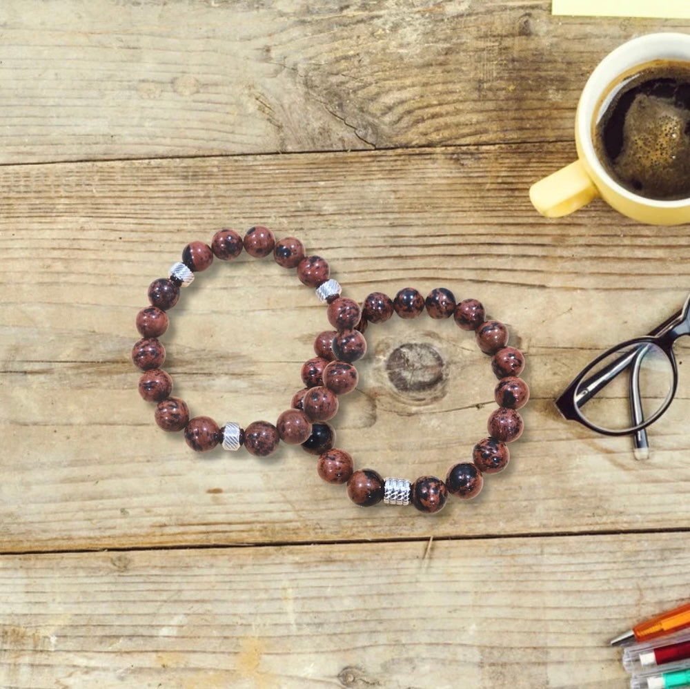 Mahogany Obsidian Bracelet with Decorative Silver Charm, Semiprecious Stone Jewelry