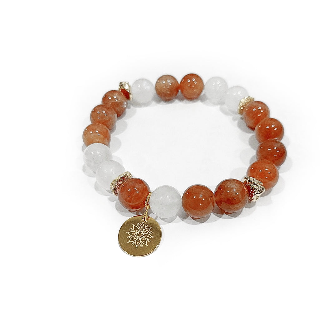 Moonstone Bracelet with Decorative 18k Gold Charms, Semiprecious Stone Jewelry