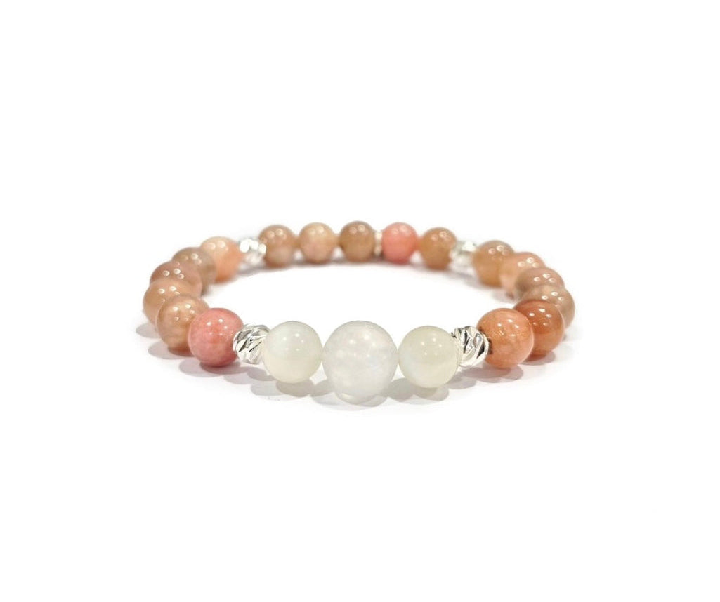 Moonstone Bracelet with Decorative Silver Charms, Semiprecious Stone Jewelry