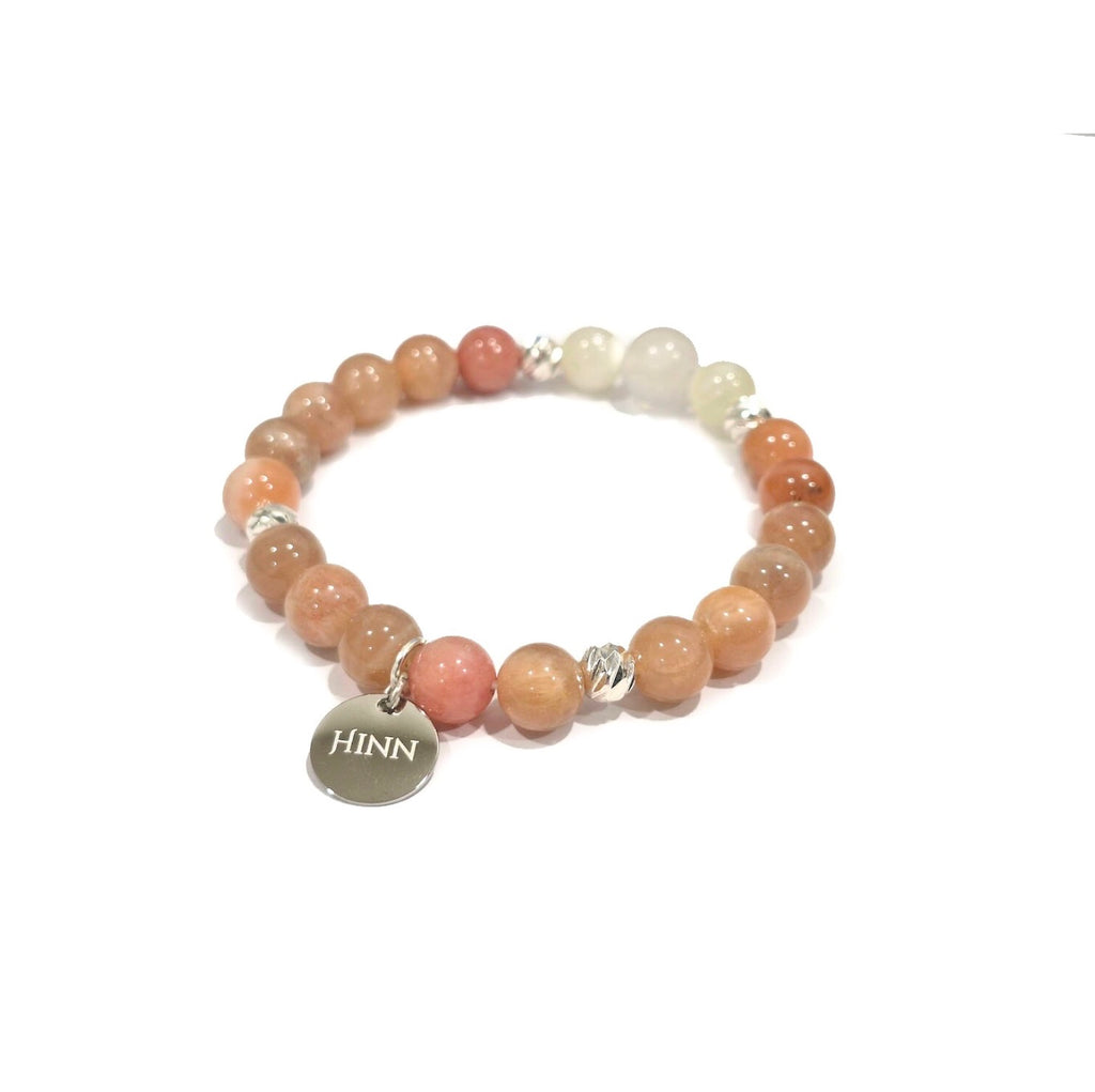 Moonstone Bracelet with Decorative Silver Charms, Semiprecious Stone Jewelry