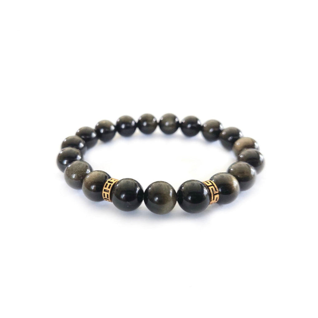 Golden Obsidian Bracelet with Decorative Gold Plated Charm, Semiprecious Stone Jewelry