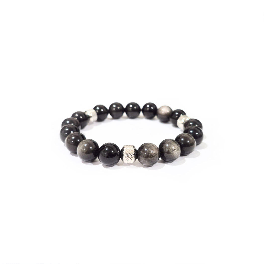 Silver Obsidian Bracelet with Decorative Silver Charms, Semiprecious Stone Jewelry
