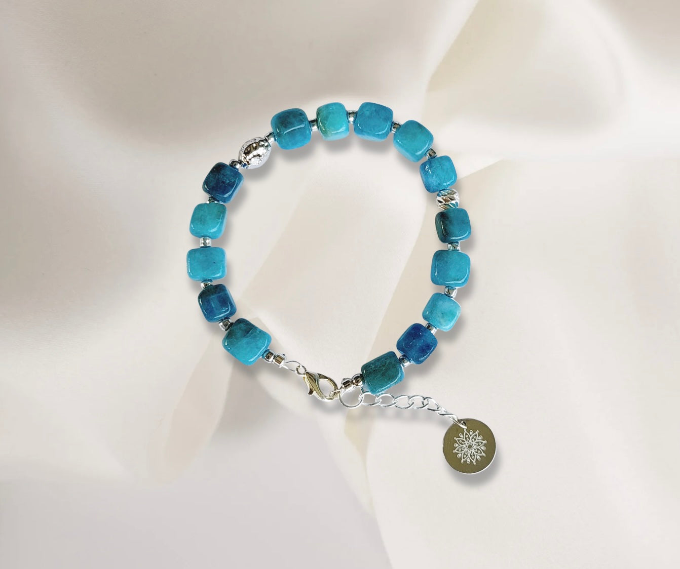 Apatite Natural Crystal Stone Wire Bracelet with Decorative Silver Rhodium Plated Charm