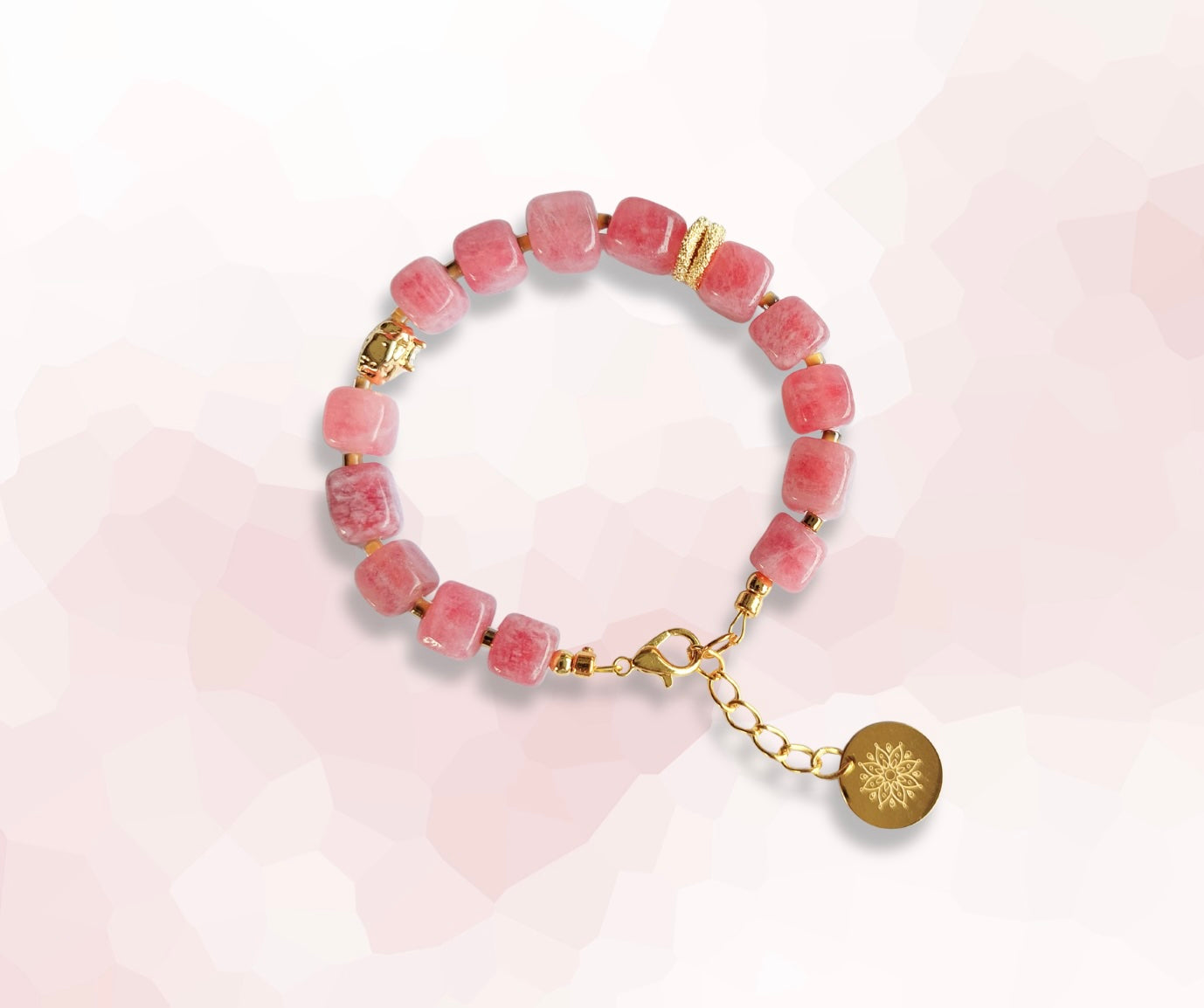 Pink Tourmaline Natural Crystal Stone Wire Bracelet with Decorative 18K Gold Plated Charm