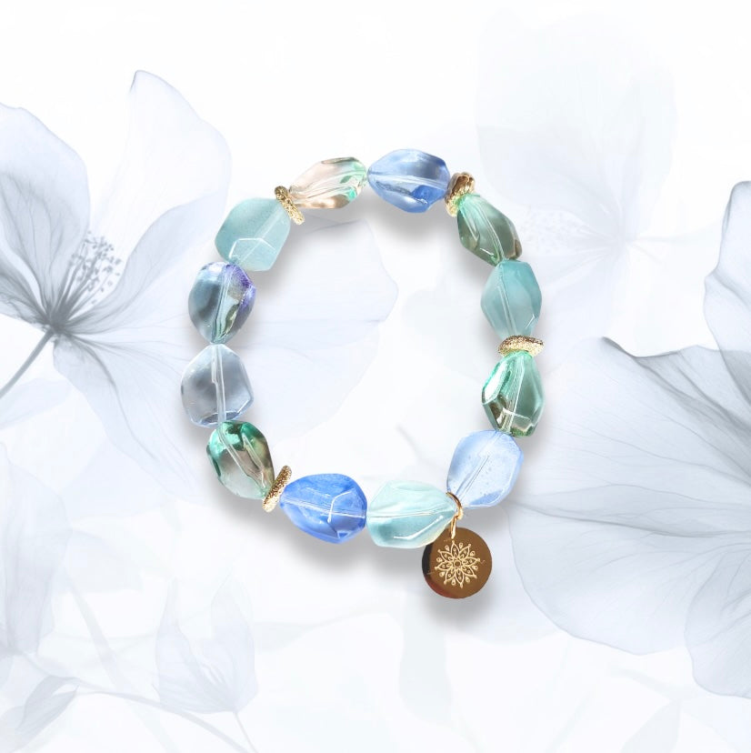 Crystal Glass Bracelet (Ocean Blue) with Decorative 18K Gold Rhodium Plated Charm