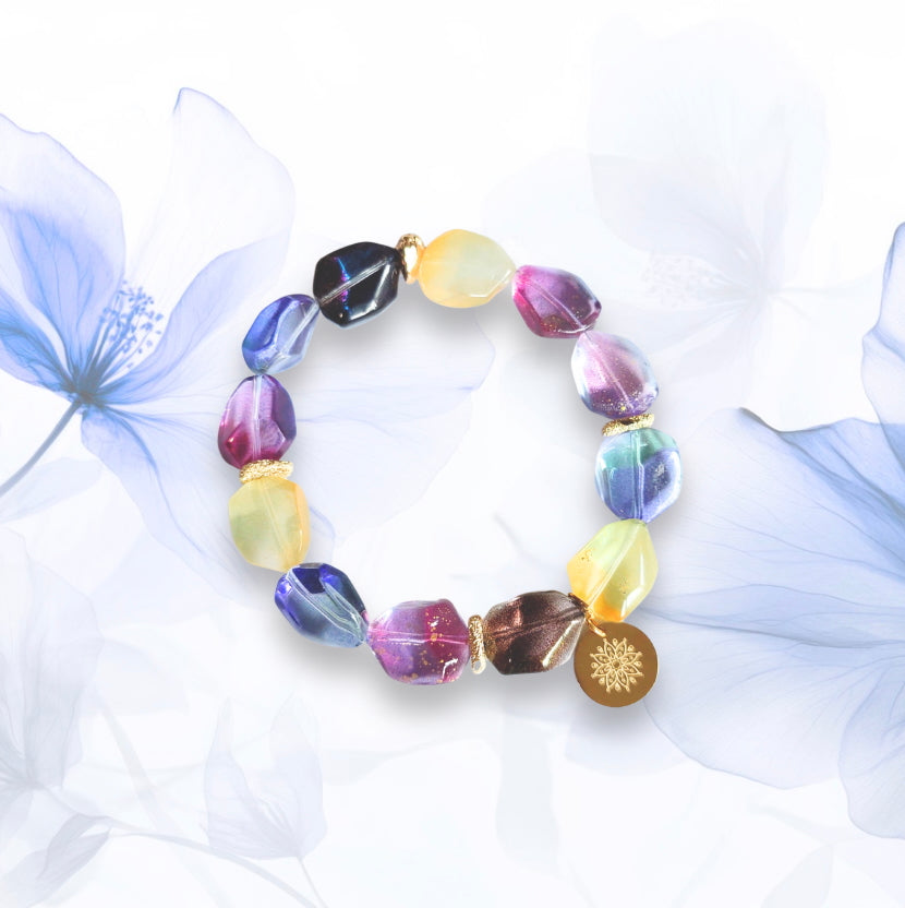 Crystal Glass Bracelet (Rainbow Reefs) with Decorative 18K Gold Rhodium Plated Charm