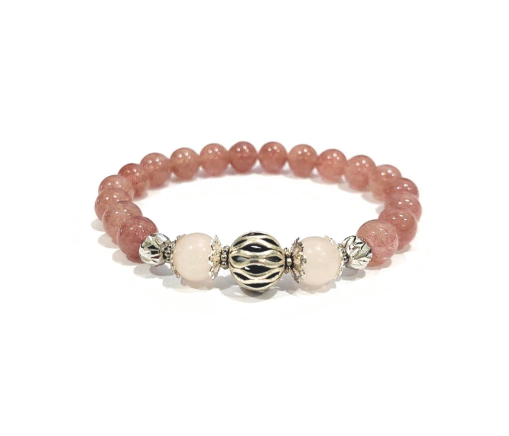 Strawberry and Rose Quartz Bracelet with Decorative Silver Charm, Semiprecious Stone Jewelry