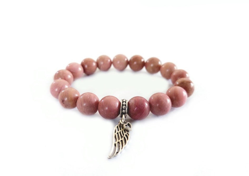 Rhodonite Bracelet with Decorative Silver Wing Charm Jewelry