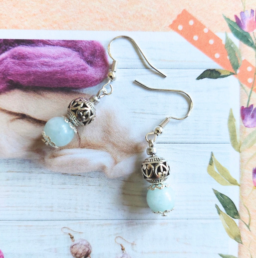 Aquamarine Semi Precious Stone with Silver Charm Earrings, 925 Sterling Silver Ear Hooks Drop Earrings Handmade