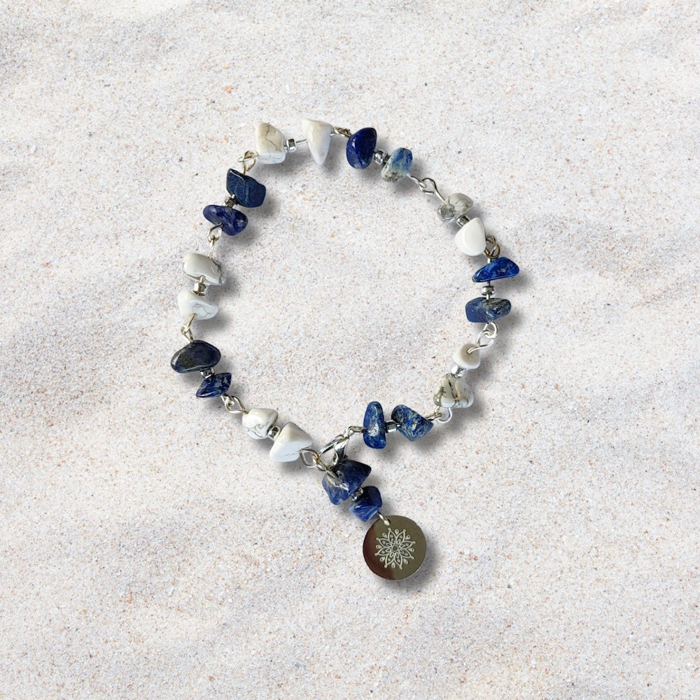Sodalite and Howlite Stone Wire Bracelet with Decorative Silver Charm and Lobster Clasp, Semiprecious Stone Jewelry