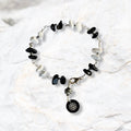 Onyx and Howlite Stone Wire Bracelet with Decorative Silver Charm and Lobster Clasp, Semiprecious Stone Jewelry