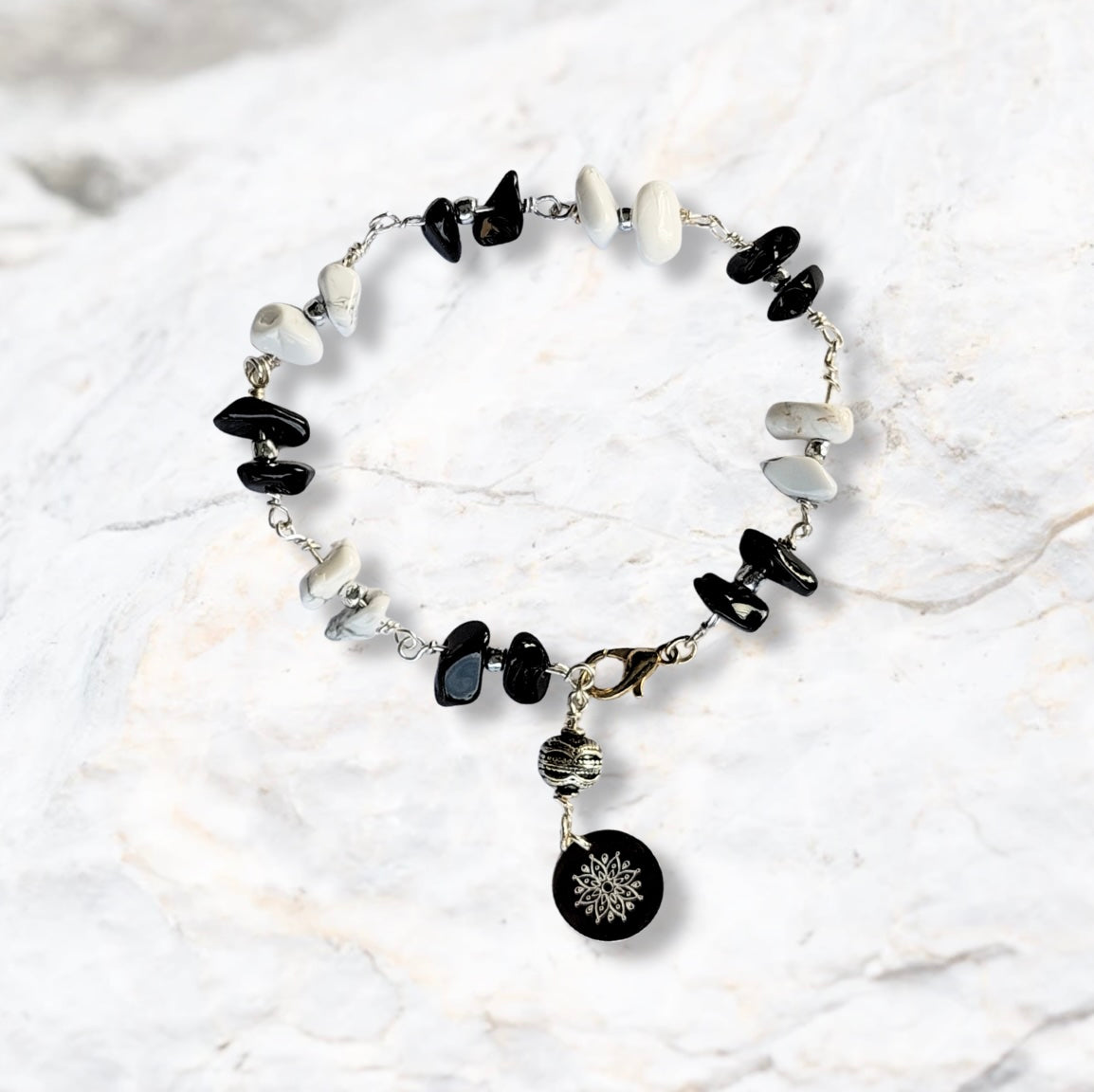Onyx and Howlite Stone Wire Bracelet with Decorative Silver Charm and Lobster Clasp, Semiprecious Stone Jewelry