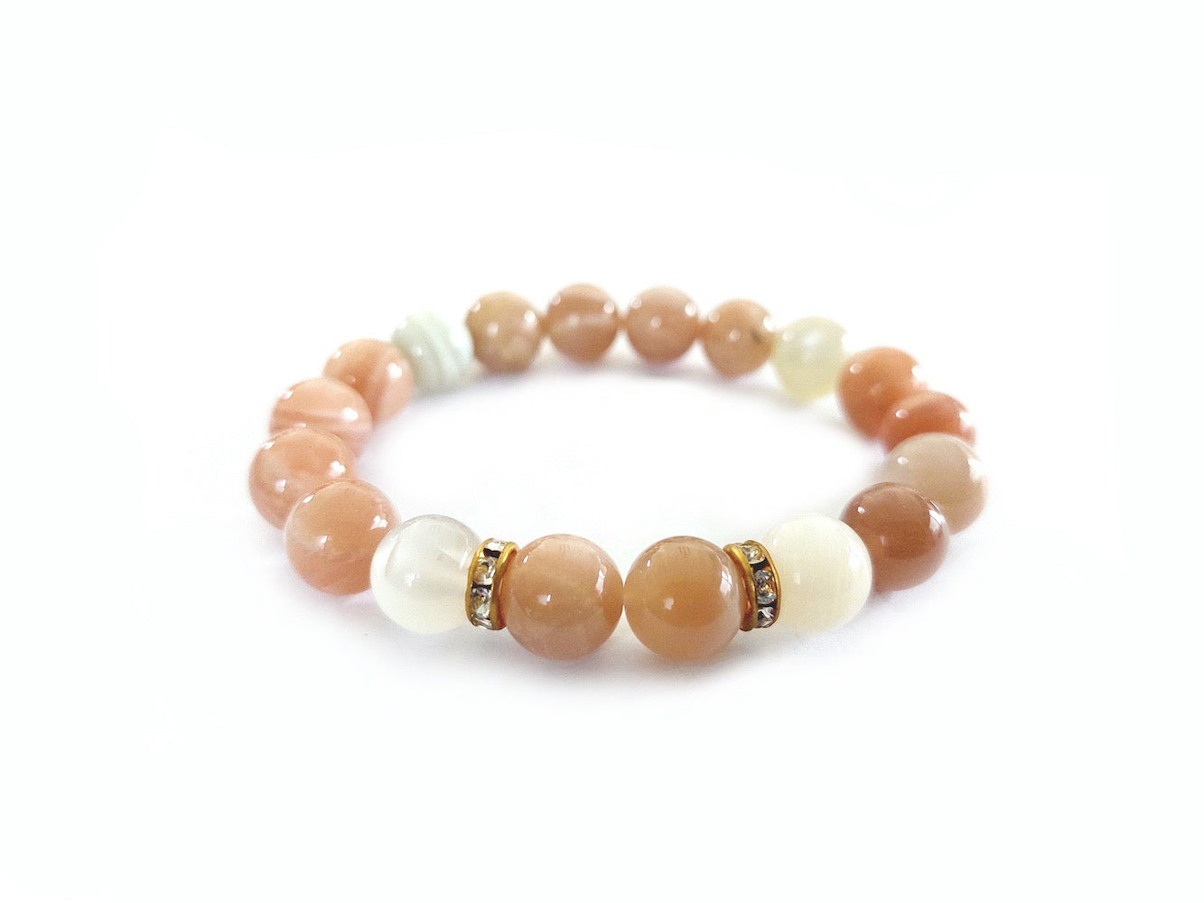 Moonstone Bracelet with Decorative Gold Plated Charms, Semiprecious Stone Jewelry