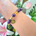Amethyst and Citrine Bracelet with Decorative 18K Gold Charms, Semiprecious Stone Jewelry