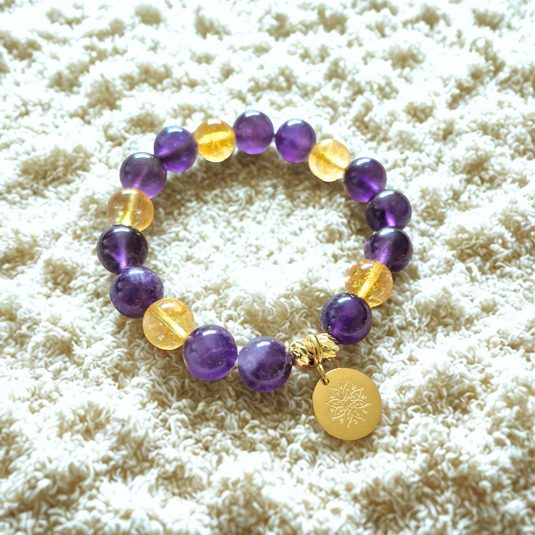 Amethyst and Citrine Bracelet with Decorative 18K Gold Charms, Semiprecious Stone Jewelry