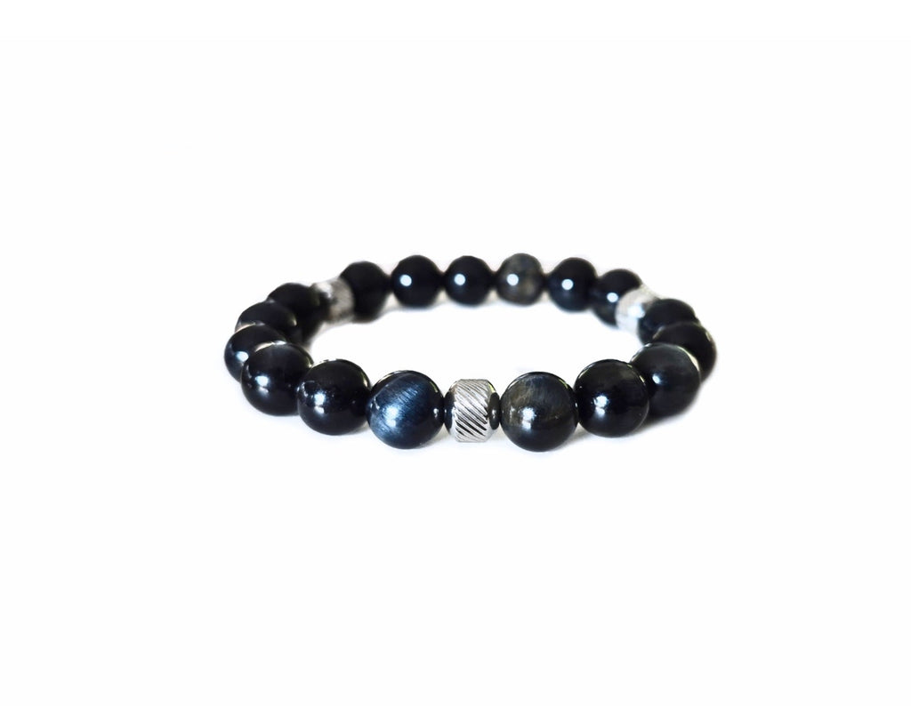 Deep Blue Tiger's eye Bracelet with Decorative Silver Charms, Semiprecious Stone Jewelry